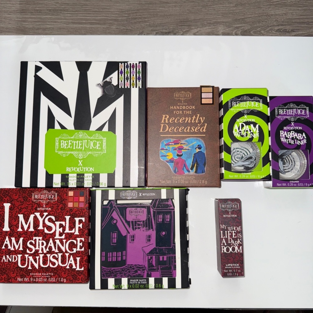 NEW Beetlejuice X Revolution Shadow Palettes Water Liners, Lipstick LOT 7 Pieces
